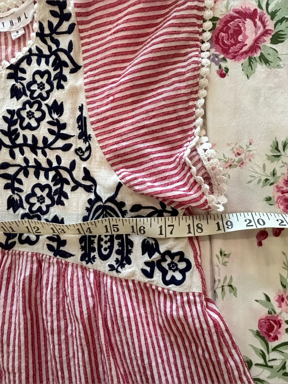 THML Sz S Top Cotton Linen Red White Striped Floral Embroidered Boho Cottagecore - Picture 8 of 10